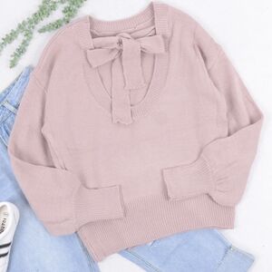 Love Tie Puffed Sleeve Open Back Sweater - Anna kaci